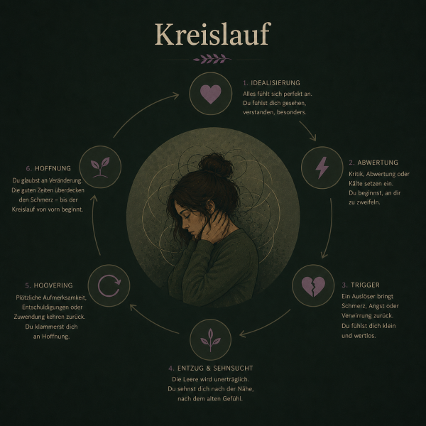 Der Kreislauf des Trauma Bonding – Love Bombing, Abwertung, Versöhnung – Infografik UNBOND